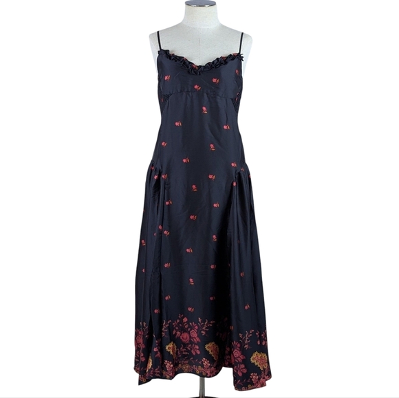 Free People On My Own Maxi Dress Sleeveless Floral Print Satin Black Combo M NWT - Picture 4 of 14